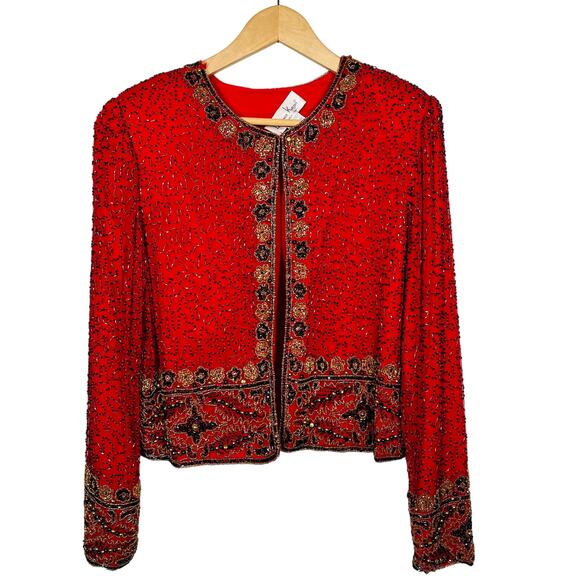 Vintage Lawrence Kazar Silk BEaded Jacket Hook Front Closure Red - L - Picture 1 of 12